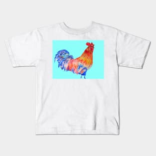 Rooster Chicken Watercolor Painting on Aqua Kids T-Shirt